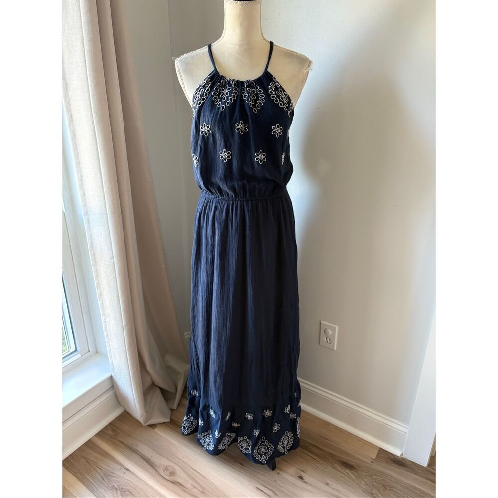 Old Navy Cotton Maxi Dress M Navy Blue Embroidered Halter Boho Summer